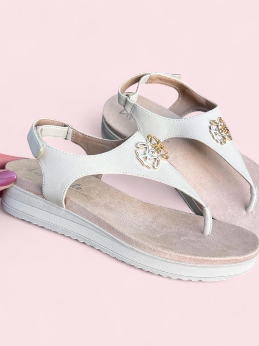 Life Stride White T‑Strap Sandals with Gold Accent